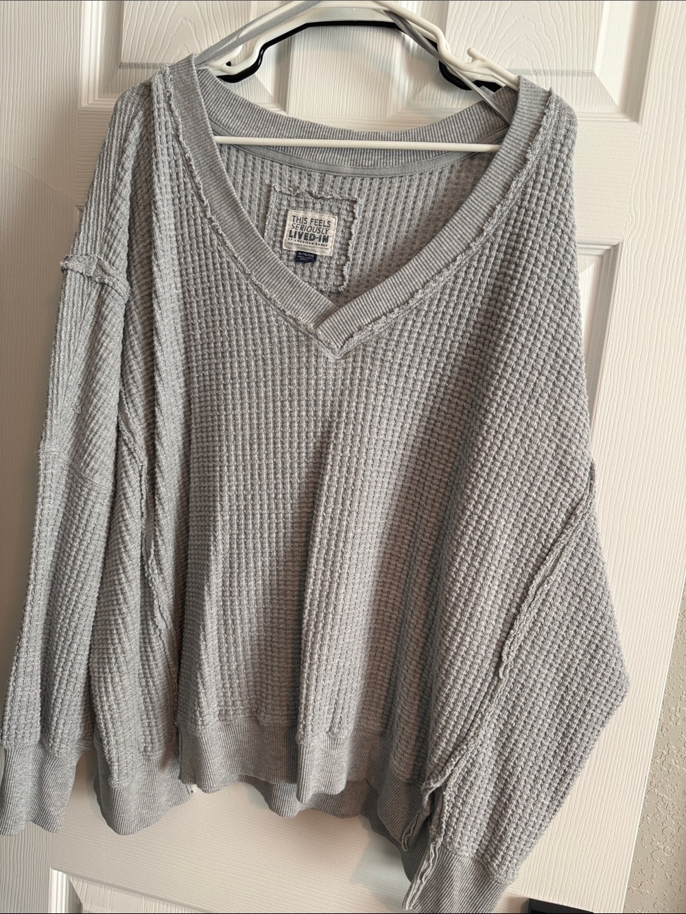 American Eagle Outfitters Light Gray Waffle V-Neck Sweater
